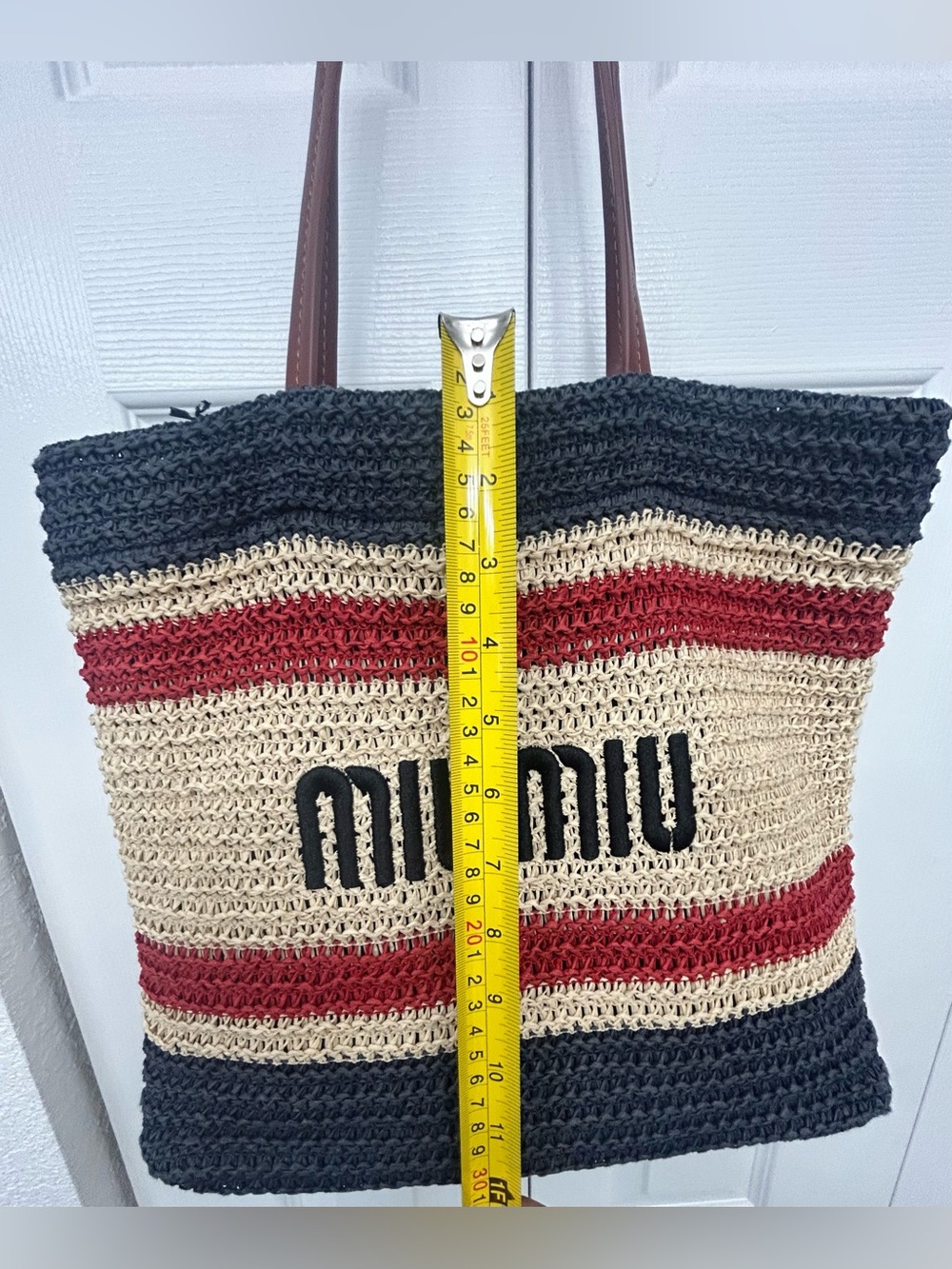 Miu Miu Black Cream Red Crochet Straw Tote with Brown Leather Straps looks like - Picture 12 of 14